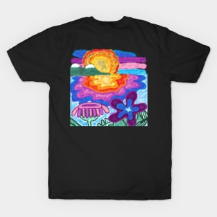 on the beach at sunset,sunset,sun,sunrise,sea,beach,summer,fall,colorful,primary color,red,green,flower,chrysanthemum,sunflower T-Shirt